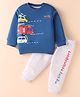 Bodycare Fleece Knit Full Sleeves Winter Wear T-Shirt & Lounge Pant With Vehicle & Text Print - Navy Blue