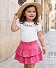 Babyhug Cotton Knit Half Sleeves Top & Layered Skirt Set With Floral Embroidery - White & Dark Pink