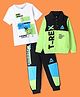 Ollington St. 100% Cotton Knit Full Sleeves Front Open Sweatshirt With T-Shirt & Joggers With T-Rex Dinosaur Print - Neon Green & Black