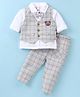 WOW Clothes Cotton Woven Full Sleeves Checkered 3 Piece Party Suit with Attached Bow & Teddy Bear Patch - Light Grey