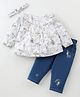 WOW Clothes Cotton Knit Full Sleeves Frill Detailing Front Open Floral Print Top with Floral Embroidery Jeans & Headband - Grey & Navy Blue