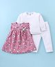 WOW Clothes Looper Knit Full Sleeves Solid T-Shirt & Legging With Floral Printed Frock With Bow Applique - Rose Gold