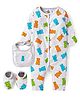 Doodle Poodle Interlock Knit Full Sleeves Teddy Bear Printed Romper With Booties & Bib - Light Grey