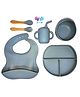 Ji and Ja 6Pcs Food Grade Silicone, Bpa-Free & Microwave Safe Baby Feeding Essentials Three Portion Plate, Bib, Bowl, Sipper & Fork & Spoon (Multi Colour)