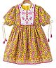 Babyhug Cotton Woven Short Sleeves Cambric Floral Printed Ethnic Dress with Embroidery - Yellow