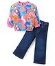 Babyhug Cotton Knit Full Sleeves Floral Printed Top & Denim Pants Set - Pink & Blue