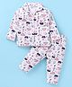 Little Darlings Interlock Knit Full Sleeves Front Open Night Suit With Kittens Print - Off White & Baby Pink