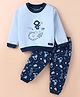 Little Darlings Fleece Knit Full Sleeves Winter Wear Suit With Space Theme Print & Embroidery - Sky Blue