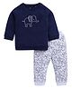 BABY GO  Full Sleeves Elephant Embroidered &  Printed Tee With Pant Set - Navy Blue