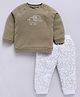 BABY GO  Full Sleeves Elephant Embroidered &  Printed Tee With Pant Set - Olive