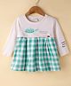Cucumber Interlock Knit Full Sleeves Frock WIth Checks & Turtle Patch - Cream & Sea Green