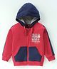 Cucumber Sinker Knit Full Sleeves Hooded Sweatjacket with Text Print & Kangaroo Pockets - Red