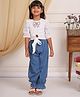 Budding Bees Cotton Three Fourth Sleeves Schiffli Embroidered & Bow Applique Detailed Top With Jeans Pant Set - White & Blue