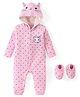 Babyhug Winter Polyfill Hooded Romper with Booties Kitten & Polka Dots Print - Pink