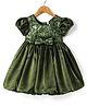 Babyhug Woven Half Sleeves Party Dress With Sequinned Yoke & Bow Applique - Dark Green