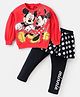 Babyhug Disney Cotton Knit Full Sleeves Sweatshirt & Skeggings Set With Minnie Mouse Graphics & Badge Detailing - Red & Black