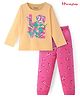 Honeyhap Premium 100% Cotton Knit Full Sleeves Night Suit With Bio Finish Butterfly & Floral Print - Golden Haze Yellow & Azealea Pink