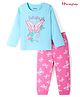 Honeyhap Premium 100% Cotton Knit Full Sleeves Night Suit With Bio Finish Butterfly & Floral Print - Tanager Turquoise & Azealea Pink