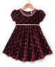 Babyhug Woven Velvet Puffed Sleeves Foil Printed Embroidered Ethnic Dress - Maroon