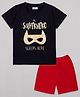 Sheer Love Cotton Jersey Knit Half Sleeves A Superhero Sleeps Here Text Printed Tee With Shorts Set - Navy Blue & Red