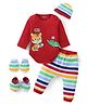 Babyhug 100% Cotton Knit Full Sleeves Onesies with Striped Leggings Cap Mittens & Booties Animal Print - Red