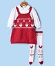 ToffyHouse 100% Cotton Knit Full Sleeves Polka Dots & Deer Designed Peter Pan Collared Top & Sweater Dress with Stockings - Red