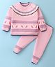 ToffyHouse Cotton Sweater Knit Full Sleeves Winter Wear Set With Chevron & Birds Print - Light Pink