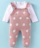 ToffyHouse Knitted Full Sleeves Polka Dots Printed Winter Wear T-Shirt & Dungaree Style Romper with Frill Detailing - Rose Gold