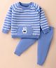 ToffyHouse Knitted Cotton Raglan Sleeves Striped Winter Wear Set With Kangaroo Pockets & Teddy Patch - Blue