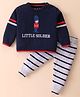 ToffyHouse Knitted Cotton Full Sleeves Winter Wear Set With Stripes & Soldier Design - Navy & Light Grey