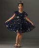 KIDSDEW Frill Sleeves Stars Foil Printed Tiered Dress - Navy Blue