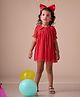 KIDSDEW Half Sleeves Abstract Dobby Net Dress - Red