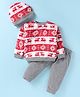 Little Kangaroos Fleece Knit Full Sleeves Winter Wear Set With Cap Deer & Snowflakes Design - Red & Grey