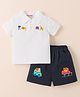 Kookie Kids Cotton Half Sleeves Polo T-Shirt & Shorts Set with Animal Print - White & Navy Blue