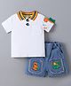 Kookie Kids Cotton Half Sleeves Polo T-Shirt & Shorts Set with Dino Print & Applique - White & Blue