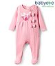 Babyoye Eco Conscious 100% Cotton Knit Solid Dyed Full Sleeves Sleep Suit with Floral Embroider & Bow Applique - Pink