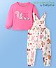 Babyoye Eco Conscious  100% Cotton Knit Full  Sleeves Animal Printed T-Shirt & Dungaree Style Romper - White & Pink