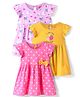 Babyhug Sinker Knit Frill Sleeves Frocks with Floral Print & Bow Applique Pack of 3 - Pink & Yellow