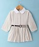 ToffyHouse 100% Woven Cotton Yarn Dyed Full Sleeves Collared Frock With Striped & Belt - Beige