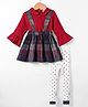 ToffyHouse 100% Cotton Knit Full Sleeves Solid Peter Pan Collared Top with Checkered Skirt & Polka Dots Printed Leggings - Dark Red