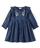 Babyhug Viscose Woven Full Sleeves Frock With Frill Detail & Floral Embroidery - Navy
