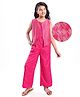 Pine Kids Woven Sleeveless Jumpsuit & Jacket Indo Western Sets with Checkered Embroidery & Polka Dot Foil Print - Dark Pink
