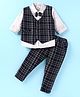 Mini Taurus Sinker Knit Full Sleeves 3 Piece Checkered Party Suit with Suspender & Attached Bow - Black