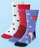 Cute Walk by Babyhug Cotton Lycra Knit Anti-bacterial Socks Strips Stars & Rocket Design Pack of 3 - White Red & Purple