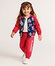Babyhug Cotton Knit Raglan Sleeves Floral Printed Front Zipper Bomber Jacket & Lounge Pants Set - Red & Blue