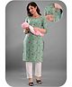 Kaheksa Cotton Three Fourth Sleeves Floral Printed Maternity Kurta With Concealed Zipper Nursing Access - Green