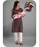 Kaheksa Cotton Three Fourth Sleeves Leaves Printed Concealed Zipper Nursing Access Maternity Kurta - Blue