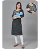 Kaheksa Cotton Three Fourth Sleeves Floral Embroidered & Abstract Printed Concealed Zipper Nursing Access Maternity Kurta - Black