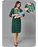Kaheksa Cotton Three Fourth Sleeves Lace Detailed Leaves Embroidered & Floral Printed Concealed Zipper Nursing Access Maternity Kurta - Green