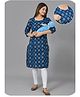 Kaheksa Cotton Three Fourth Sleeves Floral Printed Concealed Zipper Nursing Access Maternity Kurta - Blue